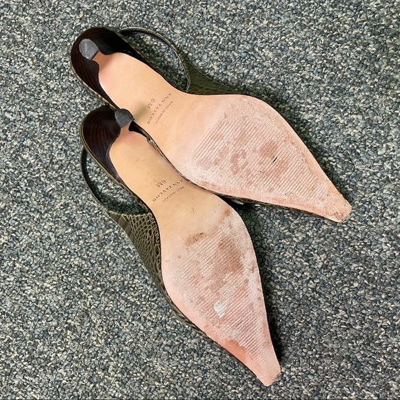 ANN TAYLOR Unique Strapback Olive Green Pointed Toe Leather & Tweed Heels 6M - Picture 5 of 5